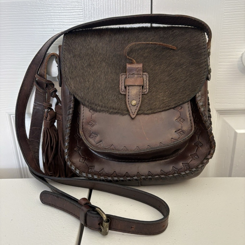 Patricia Nash Tooled Leather Whipstitch Calf Hair Saddle Crossbody Bag Brown